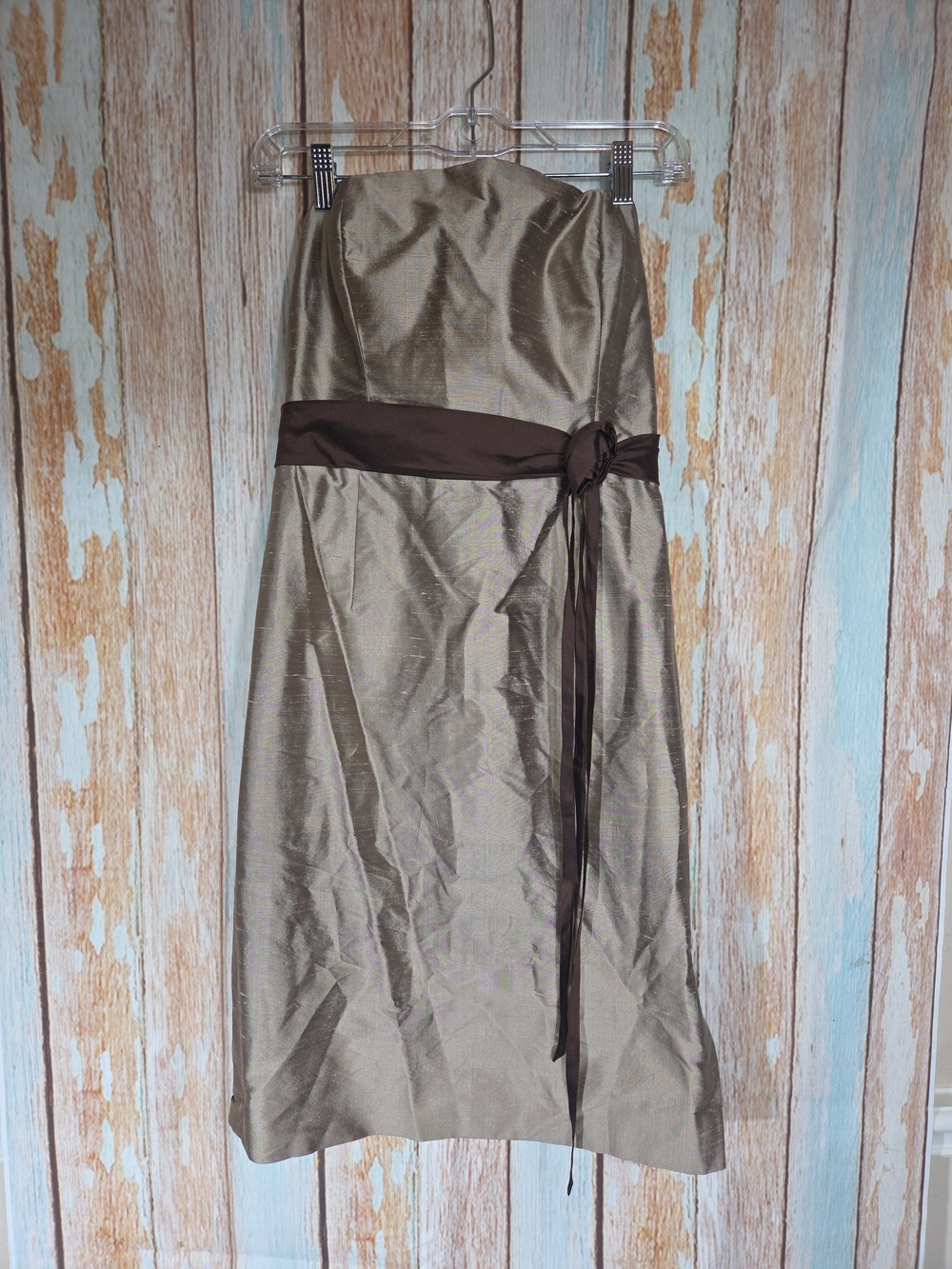 Parvani Vida Strapless Taupe Cocktail Dress with Brown Waist Sash. 100% Silk